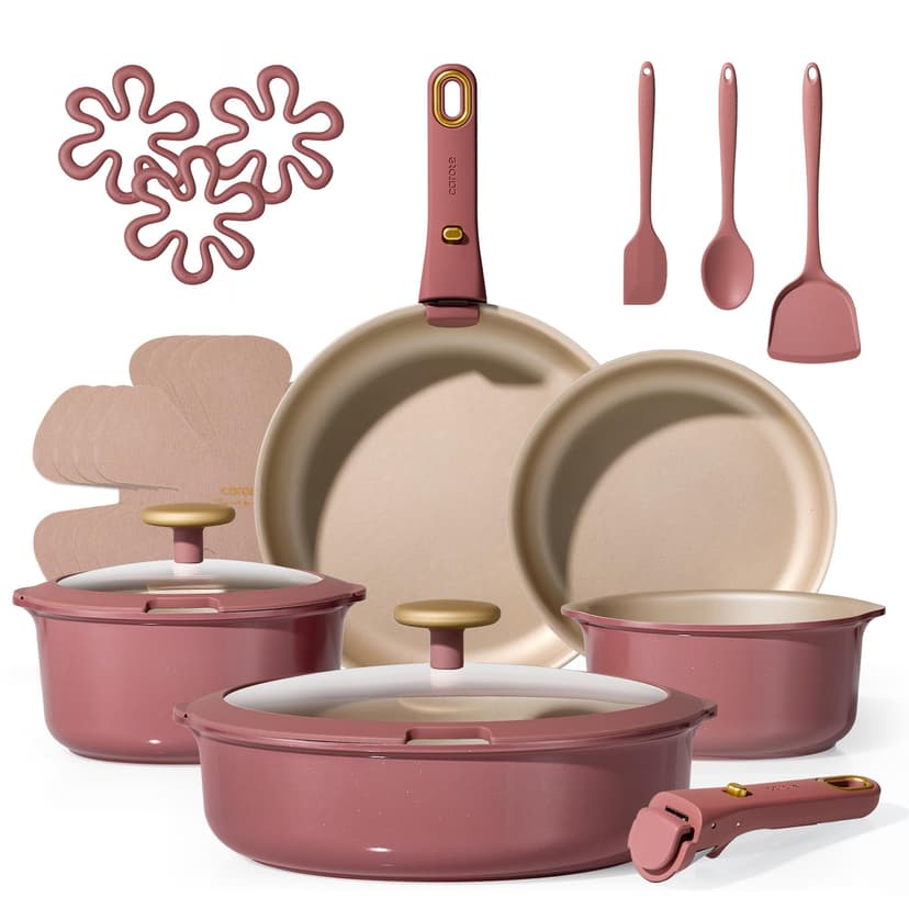 CAROTE Pots and Pans Set, Nonstick Cookware Sets with Detachable Handle, Oven Safe, Cookware Non Stick Cooking Set w/Frying Pans & Saucepans Red(PFOS, PFOA Free)