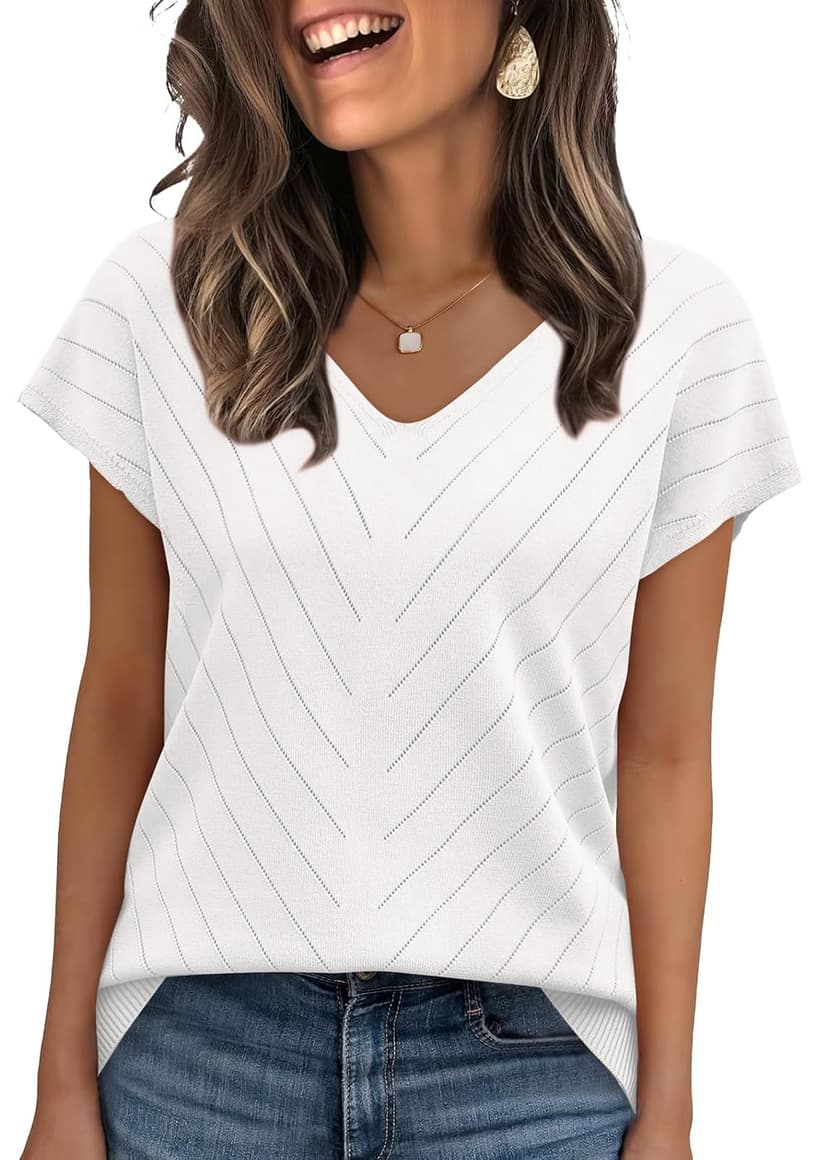 WIHOLL Short Sleeve Sweater for Women V Neck Trendy Summer Tops 2026 Beach Vacation Clothes Travel Business Casual Outfits