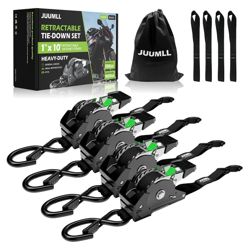 JUUMLL Retractable Ratchet Straps (4-Pack) 1” x 10ft - 1,650lb Break Strength, Heavy-Duty Auto Retracting Tie Down Straps for Cargo, Motorcycle, ATV, UTV, Kayak & Transport (Black)