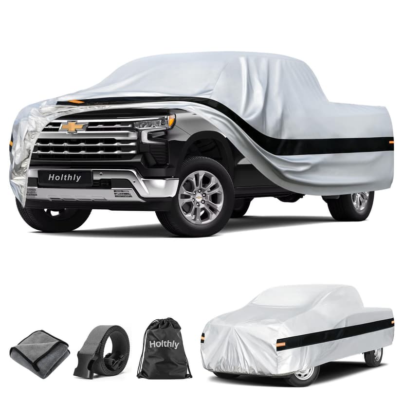 Holthly 10 Layers Truck Cover Waterproof All Weather Custom Fit Chevrolet Silverado 1500(1998-2026) Extended/Crew Cab Short Bed, Outdoor Full Exterior Pickup Car Cover Sun Rain Snow Protection. Sliver