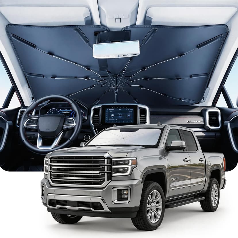 DMJN Umbrella Windshield Sun Shade for GMC Sierra 1500 2500 3500 (2014-2026), Car Sunshade for Front Windshield [Nano Ice-Crystal Coatings] UPF50+ Heat & UV Block, Protect Interior & Keep Cooler