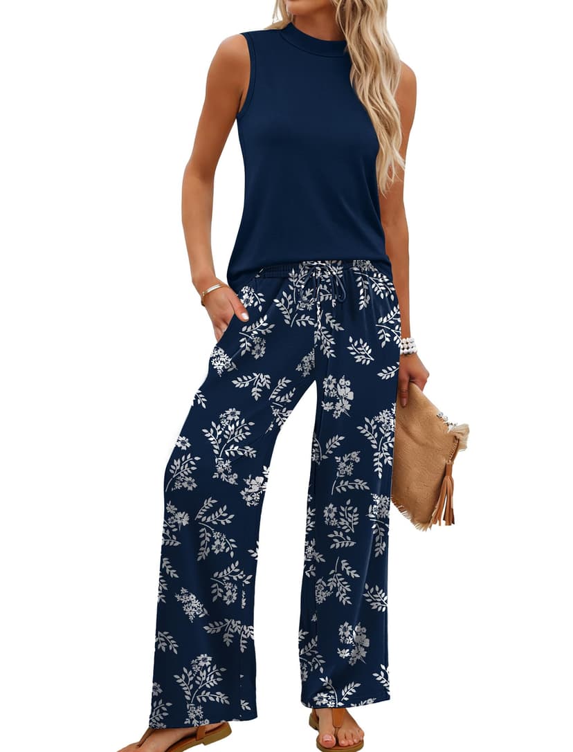 WIHOLL Two Piece Set for Women Summer Spring Outfits Cruise Travel Airport Beach Vacation Mock Neck Wide Leg Pants Set