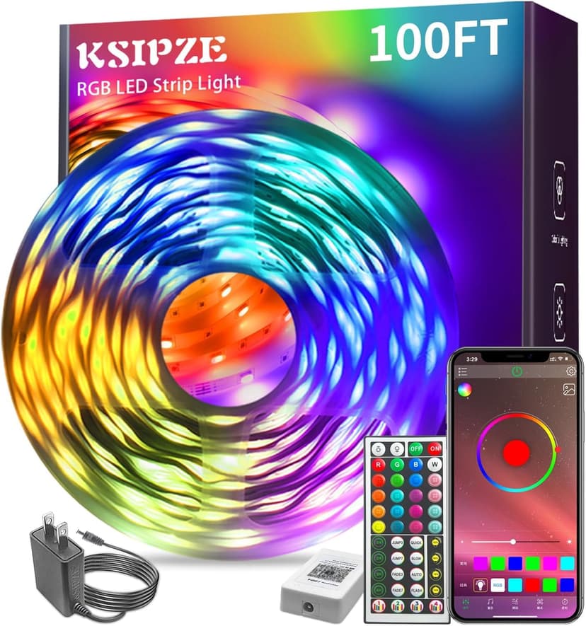 KSIPZE 100ft Led Strip Lights RGB Music Sync Color Changing Led Lights with Smart App Control Remote Led Lights for Bedroom Room Lighting Flexible Home Décor