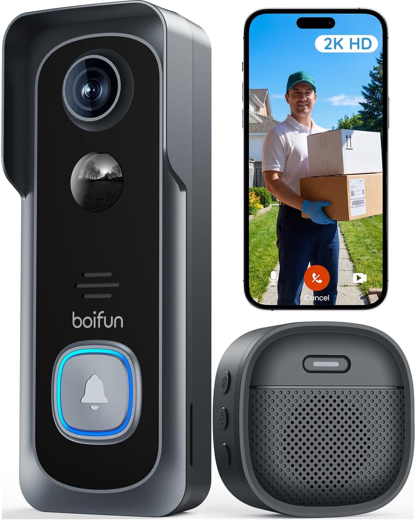 BOIFUN Video Doorbell Camera Wireless – No Subscription Required, 2K HD, 166° Wide View, HDR Night Vision, Motion Alerts, Two‑Way Audio & Battery Video Doorbell with Chime, 2.4 GHz Wi‑Fi Only