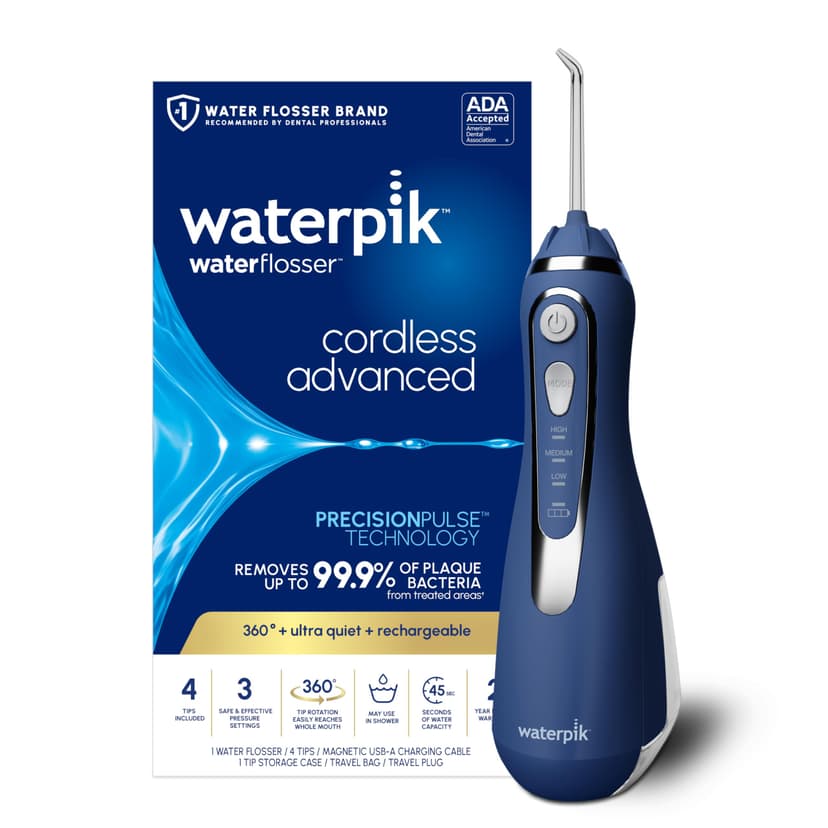 Waterpik Cordless Advanced Portable Water Flosser, Rechargeable, Blue | 3 Settings, 4 Tips, Travel Bag, for Gums, Teeth, Dental Braces, Implants, Shower Use ADA Accepted WP-583 Packaging May Vary