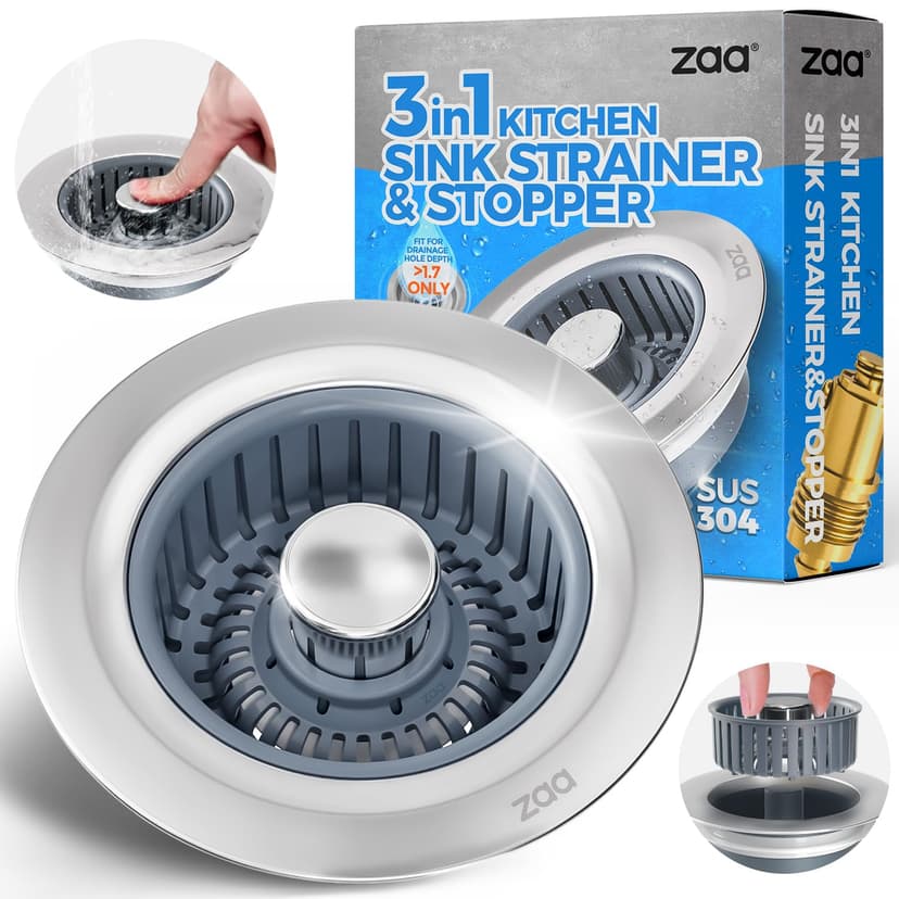 Sink Drain Strainer - Sink Stopper Kitchen Drain, 3 in 1 Kitchen Sink Drain Strainer with Anti-Clogging Basket, Kitchen Gadgets Clearance Sink Accessories, Fit US Standard 3-1/2'' Sink Hole, Silver