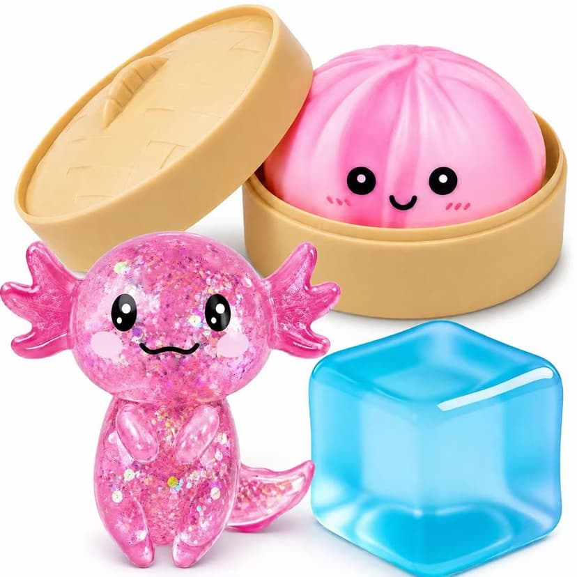 3PCS Squishy Fidget Toys Bulk, Pink Dumplings&Pink Axolotl&Blue Cube Squeeze Fidget Stress Ball Toys, Squeeze Toy for Anxiety Relief, Birthday Gifts Party Favors, Classroom Prizes