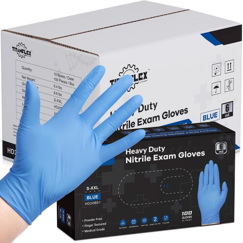 TitanFlex Nitrile Exam Gloves, Blue, 6-mil, Heavy Duty Nitrile Gloves, Mechanic Disposable Gloves, Latex Free, Powder Free