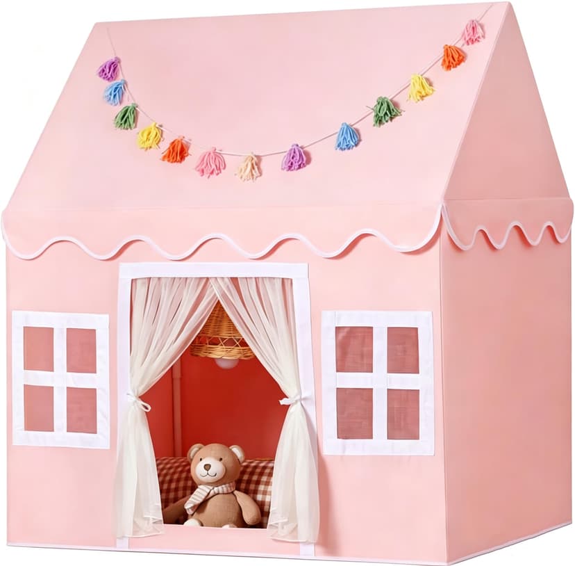 Senodeer Kids Play Tent Indoor: with Mat, Tassel Garland - Pink Girls Tent Playhouse Kids Toys for Boy Girl Birthday Gift for Kids