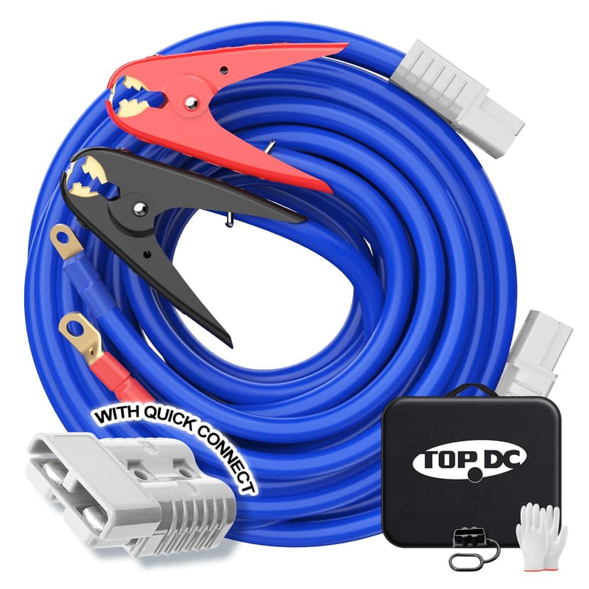 TOPDC Heavy Duty Quick Connect Jumper Cables for Truck, 1 Gauge, 25 Feet | UL-Listed clamps and quick connect ends are included with a carry bag for storage and transport.