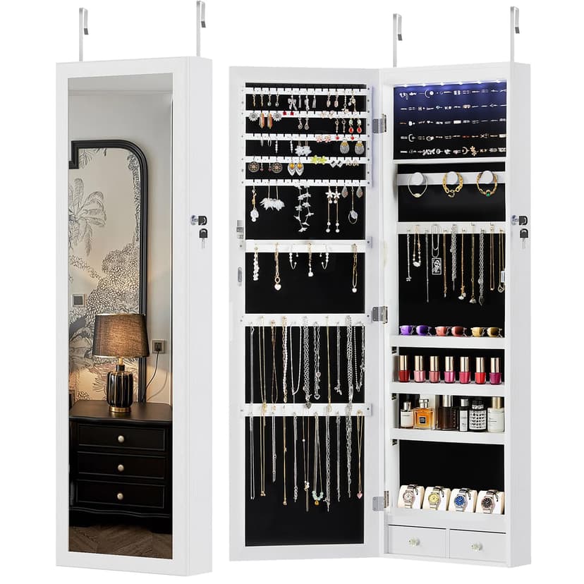 DUMOS 6 LEDs Mirror Jewelry Cabinet, Wall or Door Mounted Jewelry Organizer, 47.2-Inch Tall Lockable Large Capacity Cosmetic Storage, Gift Idea, White
