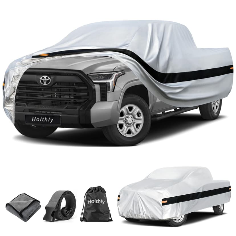 Holthly 10 Layers Truck Cover Waterproof All Weather Custom Fit Toyota Tundra(2021-2026) Double Cab/CrewMax Cab Short Bed, Outdoor Full Exterior Pickup Car Cover Sun Rain Snow Ice Protection. Sliver
