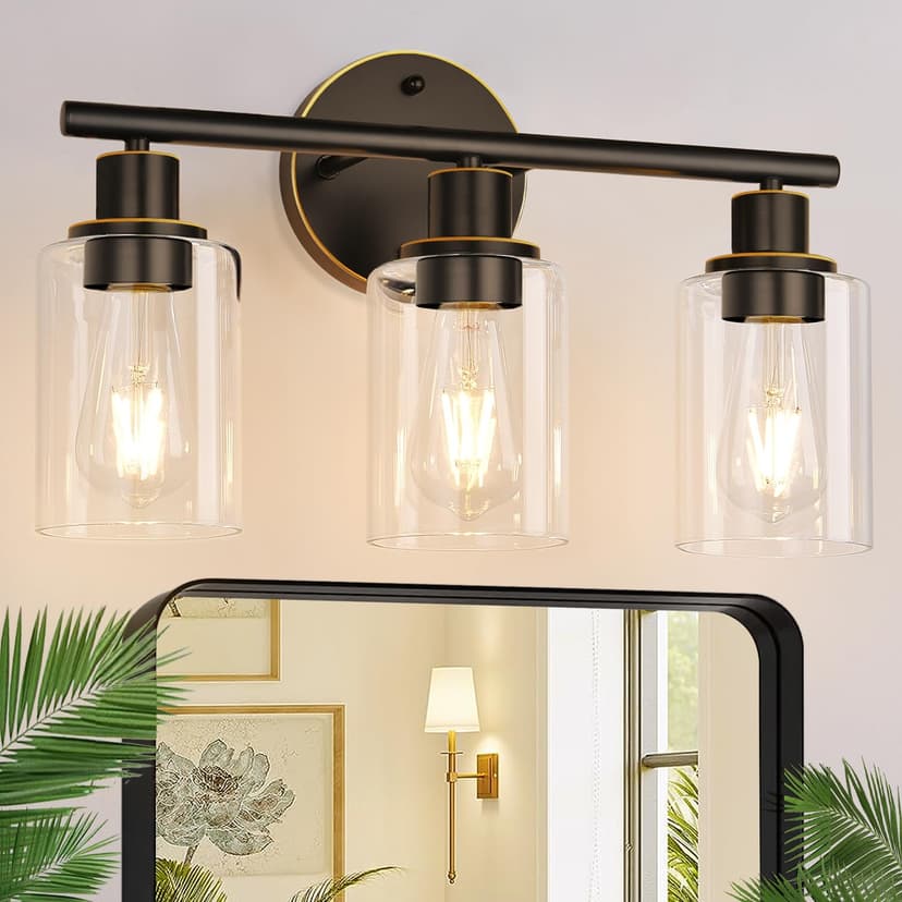 Zarbitta 3-Light Bathroom Light Fixtures, Brown and Gold Bathroom Wall Lights, Modern Vanity Light with Clear Glass Shade, Bathroom Wall Lamp for Mirror Hallway Cabinet