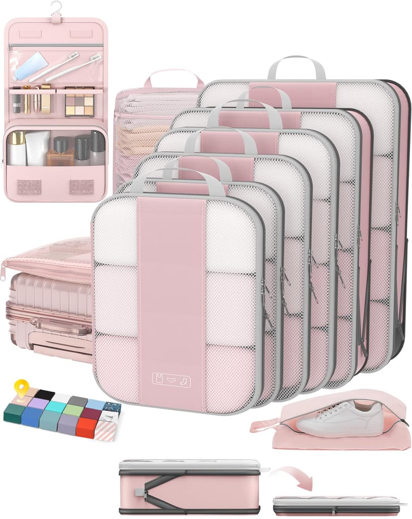 10 Set Compression Packing Cubes for Travel Essentials,Compressible Expandable Packing Cubes for Suitcase,OlarHike Luggage Garment Bags for Travel,Handy Helper for Organizing Clothes(Pink)