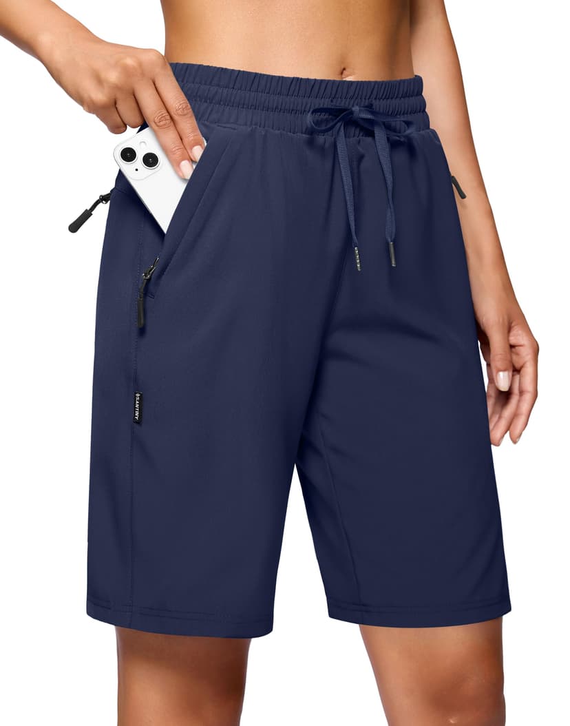 SANTINY Women's 7''/ 9'' Hiking Shorts with 3 Zipper Pockets Lightweight Quick Dry Long Athletic Golf Shorts for Women Casual