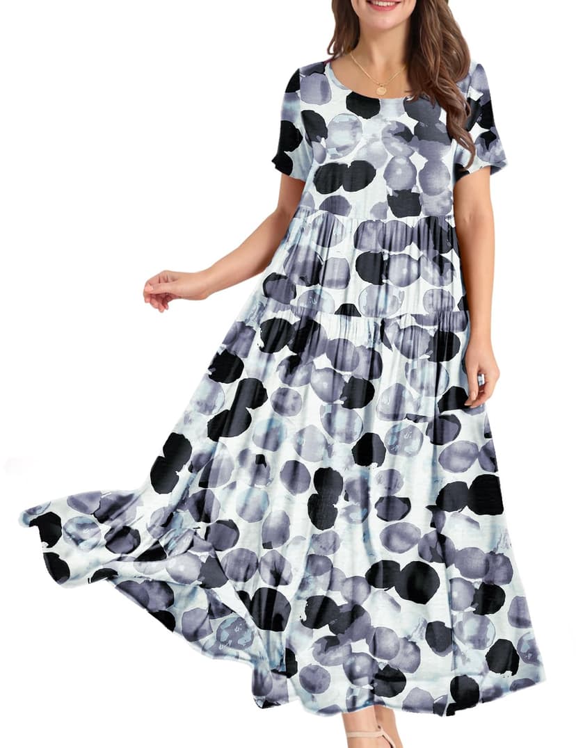 YESNO Women Casual Loose Bohemian Floral Dress with Pockets Short Sleeve Long Maxi Summer Beach Swing Dress EJF