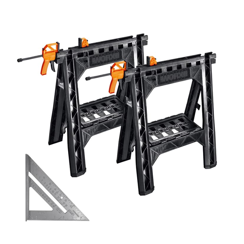 Worx WX065.3 Clamping Sawhorses with Bar Clamps and 7 Inch Metal Triangle Ruler
