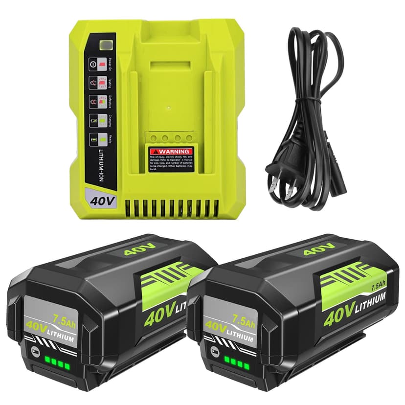 2Pack 7500mAh High Capacity Replacement for Ryobi 40 Volt Battery Lithium and OP401 Charger Compatible with Ryobi 40v Battery OP40401 OP4026 OP40261 OP4050 OP40601 OP40602 Cordless Tools (Green)
