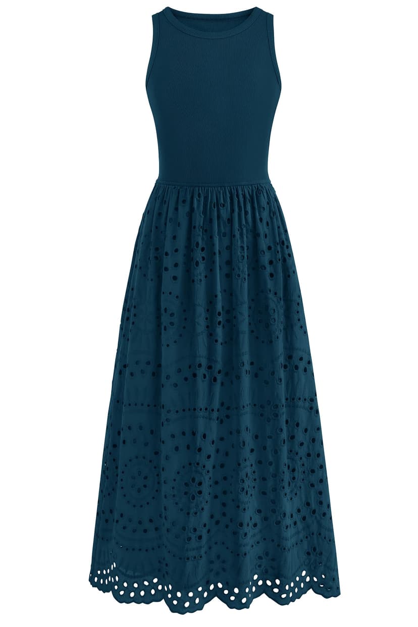 dowerme Women Summer Dresses 2026 Casual Sleeveless Crewneck A-Line Boho Lace Eyelet Cotton Tank Maxi Dress with Pockets