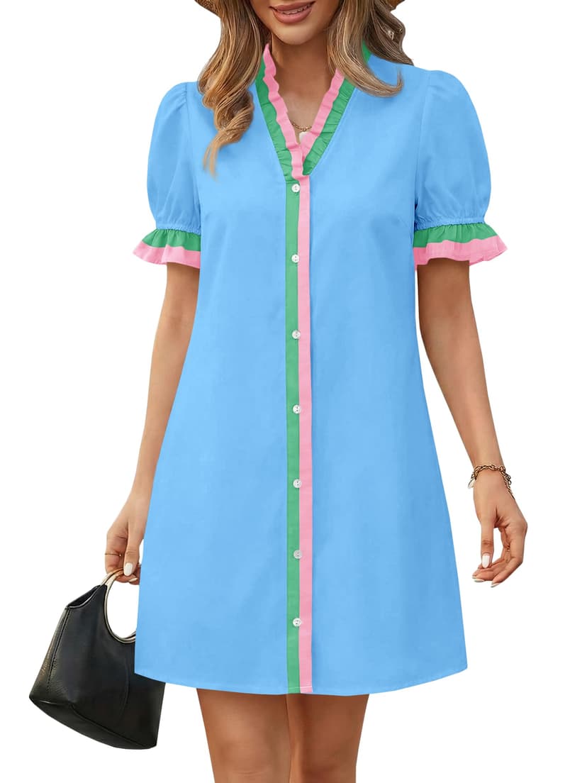 Wenrine Womens Summer Mini Dresses Casual Floral Puff Short Sleeve V Neck Button Down Ruffle Beach Sundress with Pockets