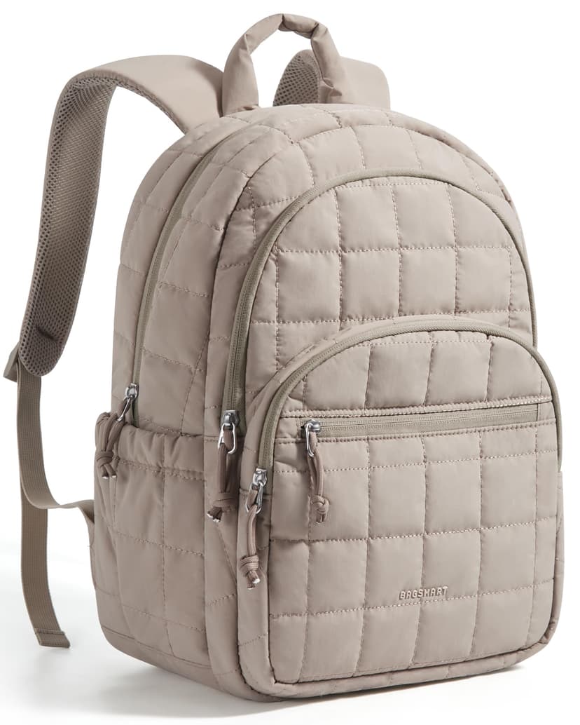 BAGSMART Travel Backpack for Women, 15.6" College Laptop Backpack, Camel | Fits 15.6" Laptop, Personal Carry-on Size with Trolley Sleeve, Quilted Style for College Nurse Teacher, Water-Resistant