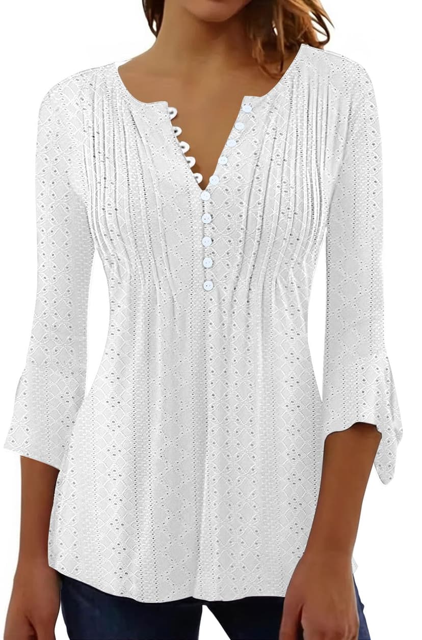 Womens Summer Tops Dressy Casual Pleated Blouses 3/4 Flared Sleeve Shirts