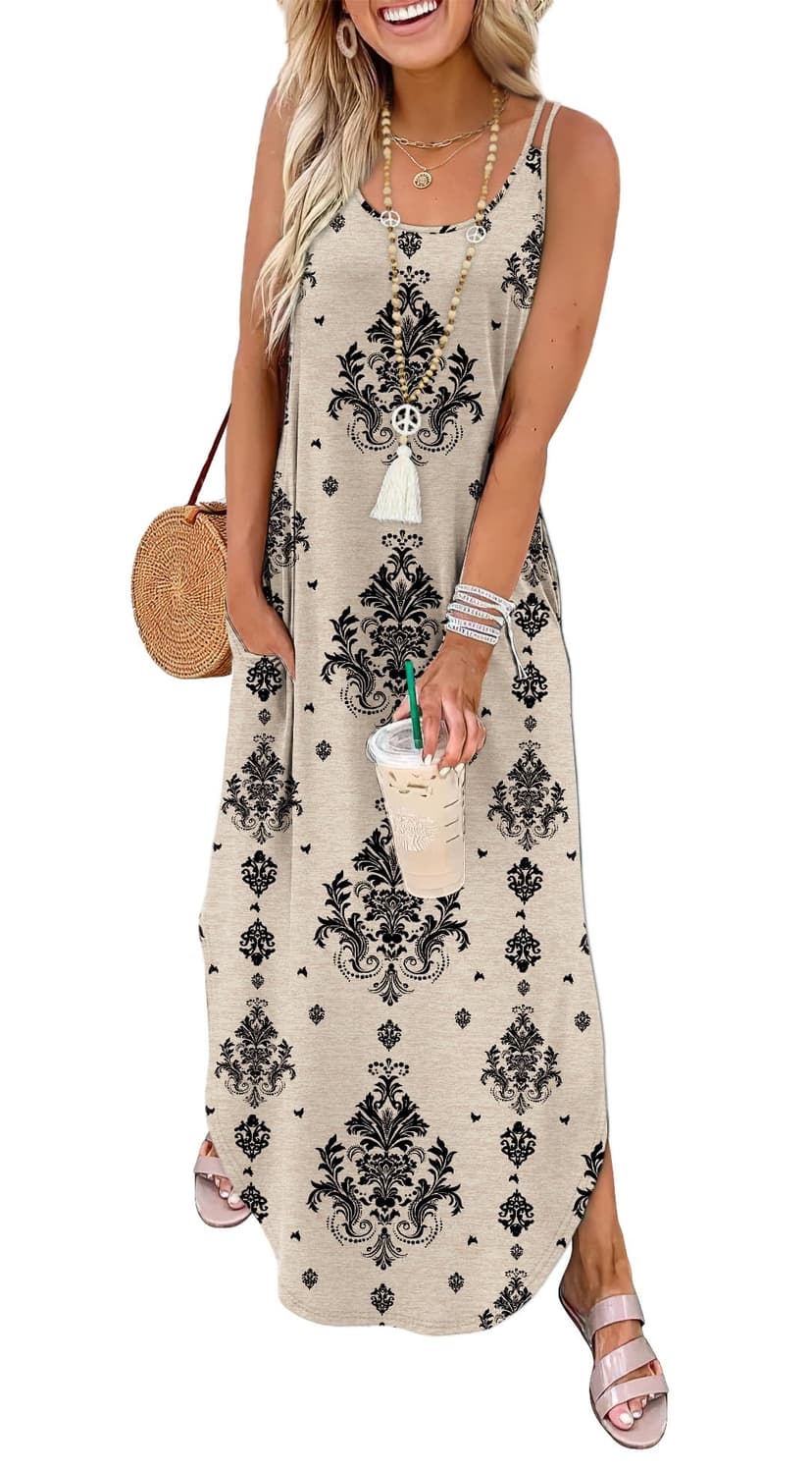 WIHOLL Summer Dresses for Women Spaghetti Strap Maxi Dress Scoop Neck Casual Boho Sundresses Beach Vacation Outfits Pockets
