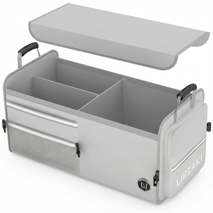 LIBZAKI Car Trunk Storage Organizer, Multi Compartment Collapsible Trunk Storage Box for Car Truck SUV-Gray