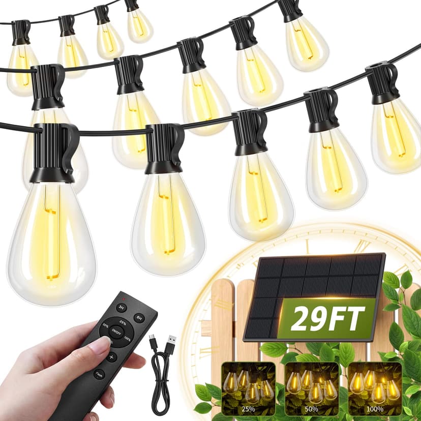 Amzrap 30FT Solar String Lights Waterproof, 10+1 LED Shatterproof Bulbs Solar Powered with Remote & USB Port, 3 Modes Dimmable Outdoor Lights for Patio, Garden, Camping