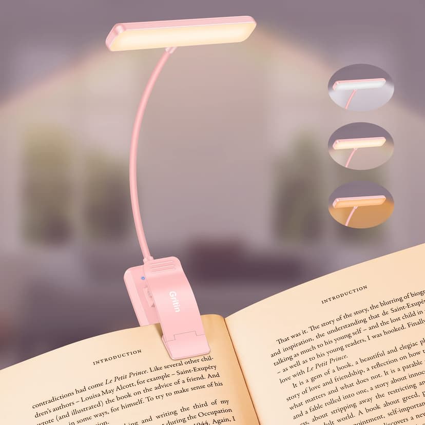 Gritin 19 LED Rechargeable Book Light for Reading in Bed with Memory Function- Eye Caring 3 Color Temperatures,Stepless Dimming Brightness,90 Hrs Runtime Clip on Light for Book Lovers-Pink