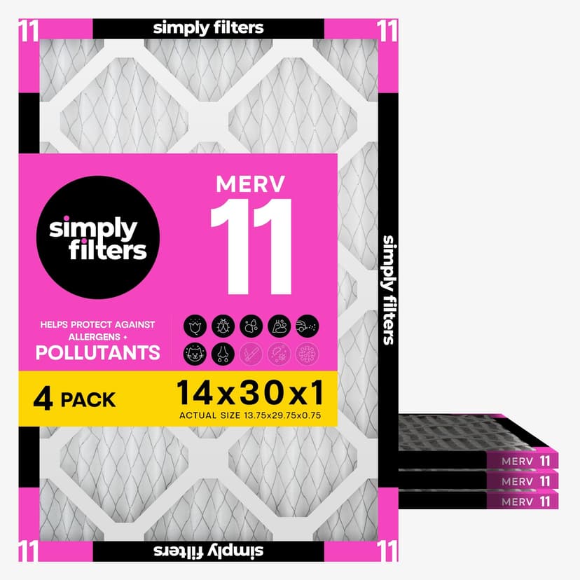 Simply 14x30x1 Air Filter, MERV 11, 4 Pack, For Home AC Furnace & HVAC (Actual Size: 13.75"x29.75"x0.75") DUST, Pet, & Allergy Control