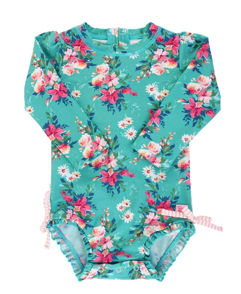 RuffleButts Baby Girls UPF 50+ Sun Protection Floral Printed Long Sleeve One Piece Rash Guard Swimsuit with Zipper