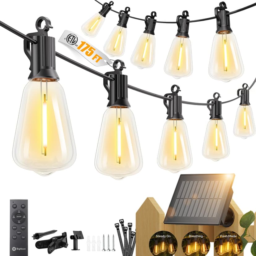 Brightown 175FT Solar String Lights Outdoor, 56+2 Shatterproof LED Lights | Waterproof, Remote Control, Dimmable, Timer, 3 Light Modes Solar Lights for Yard, Camping, Parties and Outdoor Decor