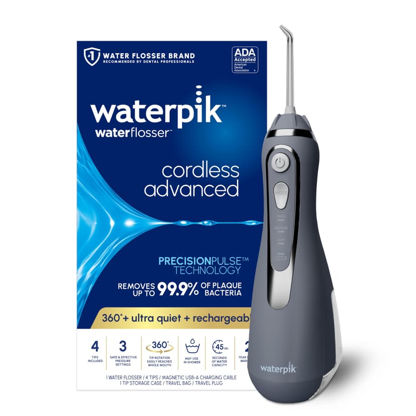 Waterpik Cordless Advanced Portable Water Flosser, Rechargeable, Gray | 3 Settings, 4 Tips, Travel Bag, for Gums, Teeth, Dental Braces, Implants, Shower Use ADA Accepted WP-587 Packaging May Vary