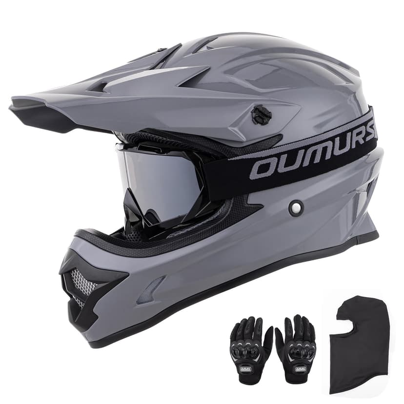 OUMURS Adult ATV Dirt Bike Helmet with Goggles Gloves & Mask Adjustable Sun Visor Motorcycle Adult Helmet Off-Road Motocross Downhill Moped MX for Unisex-Adult-Gray, XL