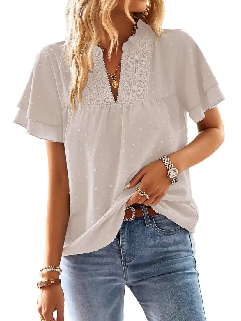 Falechay Womens Tops Boho Flowy Shirts Dressy Casual Short Sleeve Blouses | V Neck Loose Fit Blouses, Business Work, Hide Tummy, Lace Ladies Summer Outfits, Swiss Dot, Babydoll Crochet Clothes XS-6XL