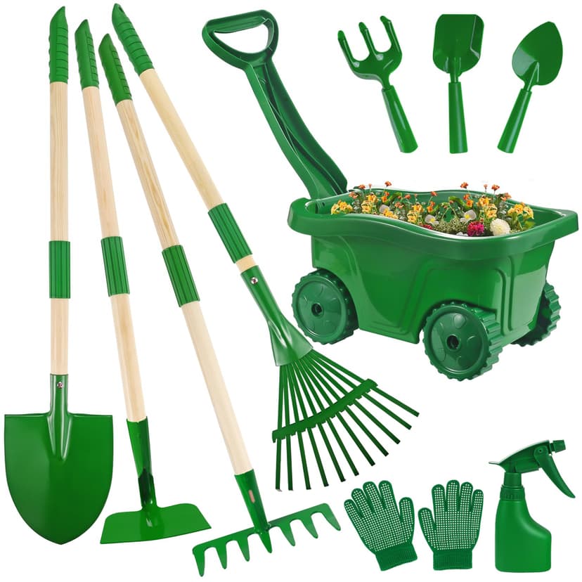 Duckura Kids Gardening Tools Set - 10pcs Wheelbarrow Set for Kids with Shovel, Rake, Leaf Rake, Summer Outdoor Yard Digging Weed Toys, Easter Birthday Gifts for Boys Girls Age 2 3+ Years(Green)