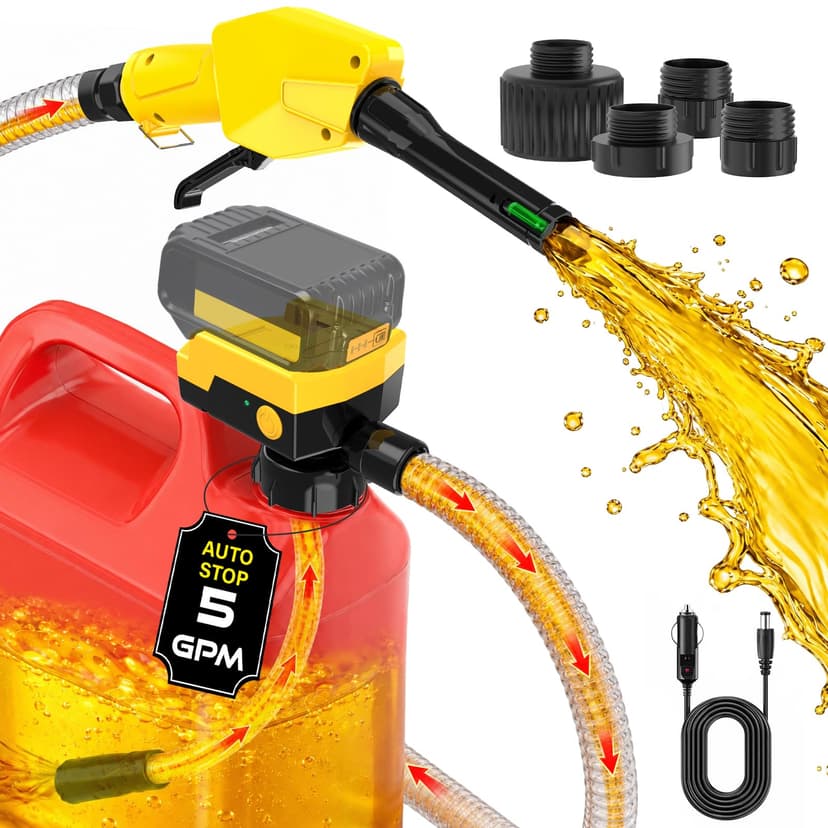 Keimi 5 GPM Cordless Fuel Transfer Pump with Auto-Stop & Hand Trigger Nozzle, Compatible with DeWalt 20V & Milwaukee 18V Batteries, Gas Can Pump for Gasoline/Diesel, 51" Hose & 4 Adapters (Bare Tool)