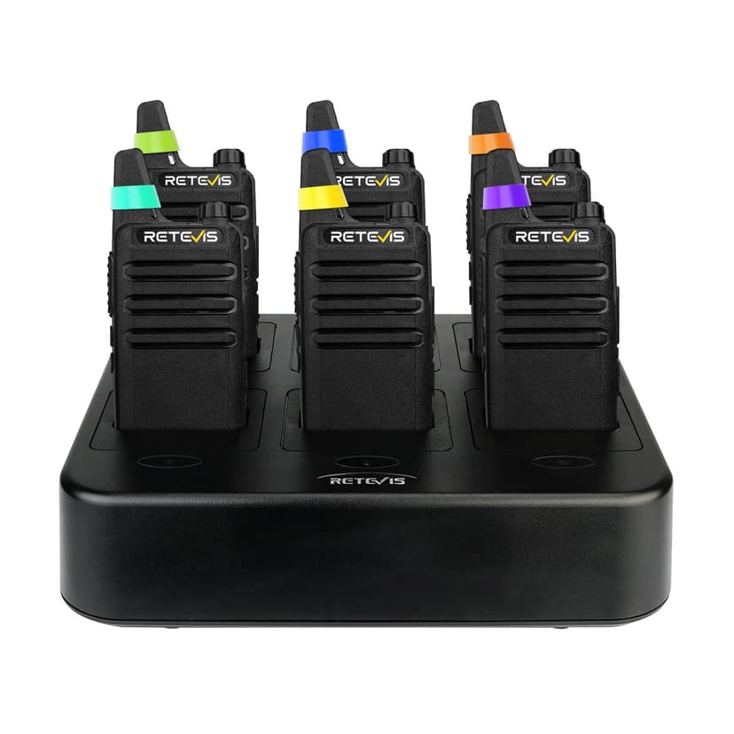 Retevis RT22 Commercial FRS Walkie Talkies Rechargeable Long Range (6 Pack) | Slim & Lightweight 2 Way Radio, For K-12 & Retail, Comfortable for All-Day Wear, Loud & Clear Audio, Charge 6 Radios At On