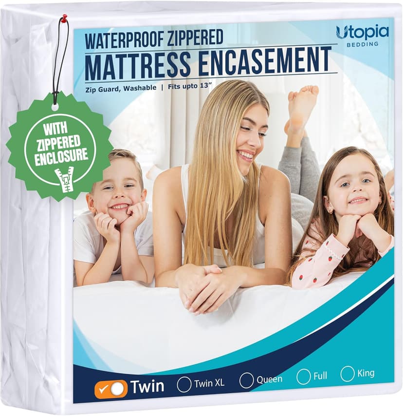 Utopia Bedding Twin Size Mattress Protector Zippered, 100% Waterproof | Bed Bug & Dust Mite Proof Mattress Encasement, Absorbent 6 Sided Mattress Cover fits upto 13" deep Pockets, Machine Washable