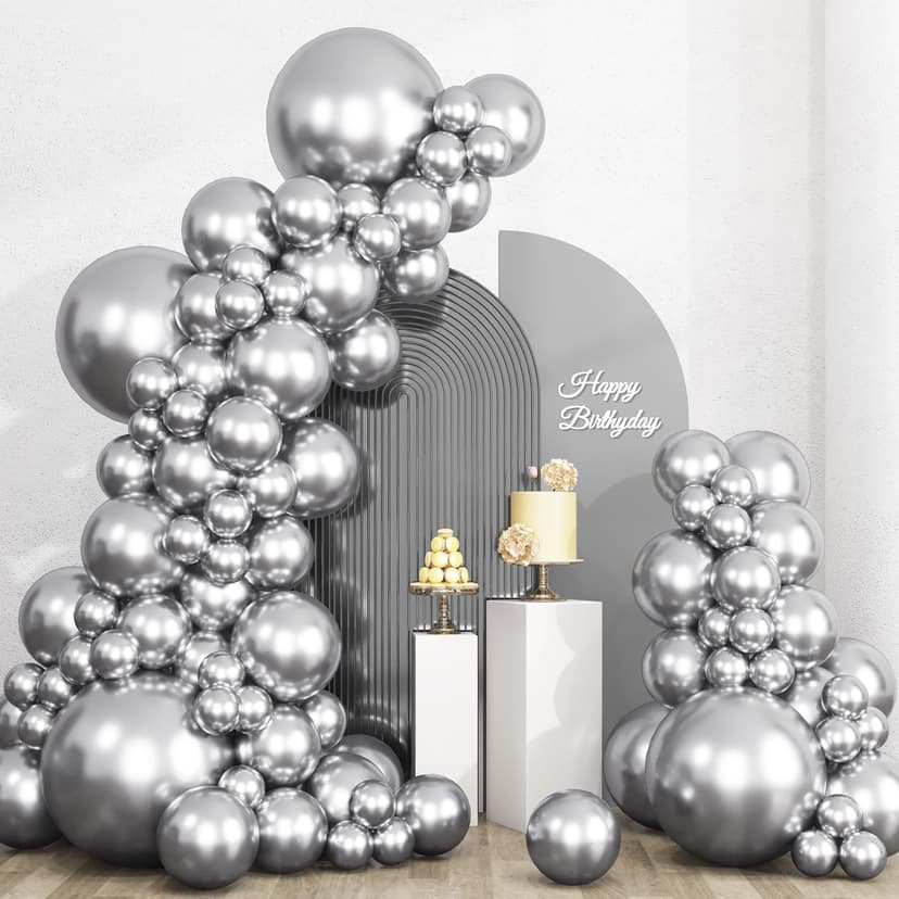 RUBFAC 135pcs Metallic Silver Balloons Different Sizes 18 12 10 5 Inch for Garland Arch, Latex Balloon for Birthday Party Graduation Wedding Decorations