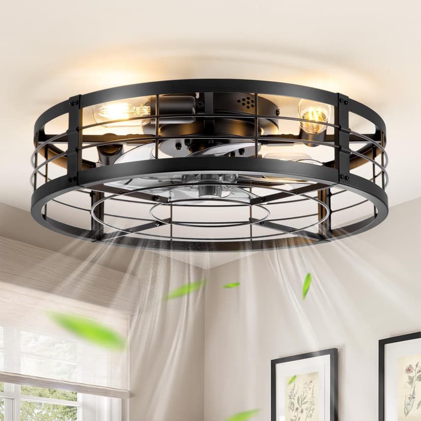 LEDIARY 20" Black Caged Low Profile Ceiling Fan with Light and Remote | Flush Mount, Bladeless Enclosed Fandelier, 6 Speed, Quiet Powerful DC, Rustic,Farmhouse, Small, Bedroom, Kitchen, Indoor
