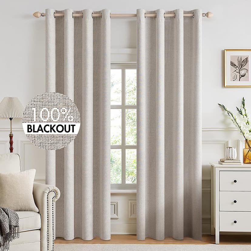 MIULEE 100% Blackout Linen Curtains for Bedroom 52x94 Inches Ivory | Room Darkening, Light Blocking, Thermal Insulated, Grommet Top, Linen Textured, Window Curtains for Living Room, 2 Panels