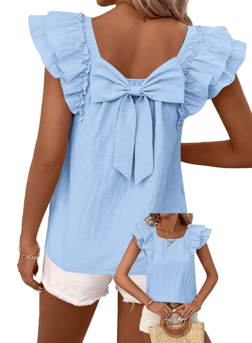 Falechay Womens Bow Tie Back Tops Babydoll Vneck Ruffle Short Sleeve Shirts | Cute Chiffon Blouses, Loose Fit Outfits, Dressy Casual, Hide Tummy, Business Work, Vacation Party Tee, 2026 Trendy, Chic