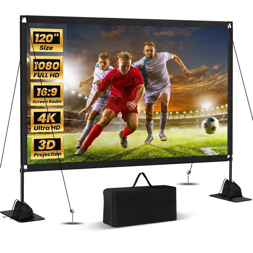 120inch Projector Screen with Stand: Portable Projector Screen Outdoor Indoor Front/Rear16:9 4K HD with Carry Bag Sandbag- Movie Screen for Backyard Moive Night, Camping, Theater