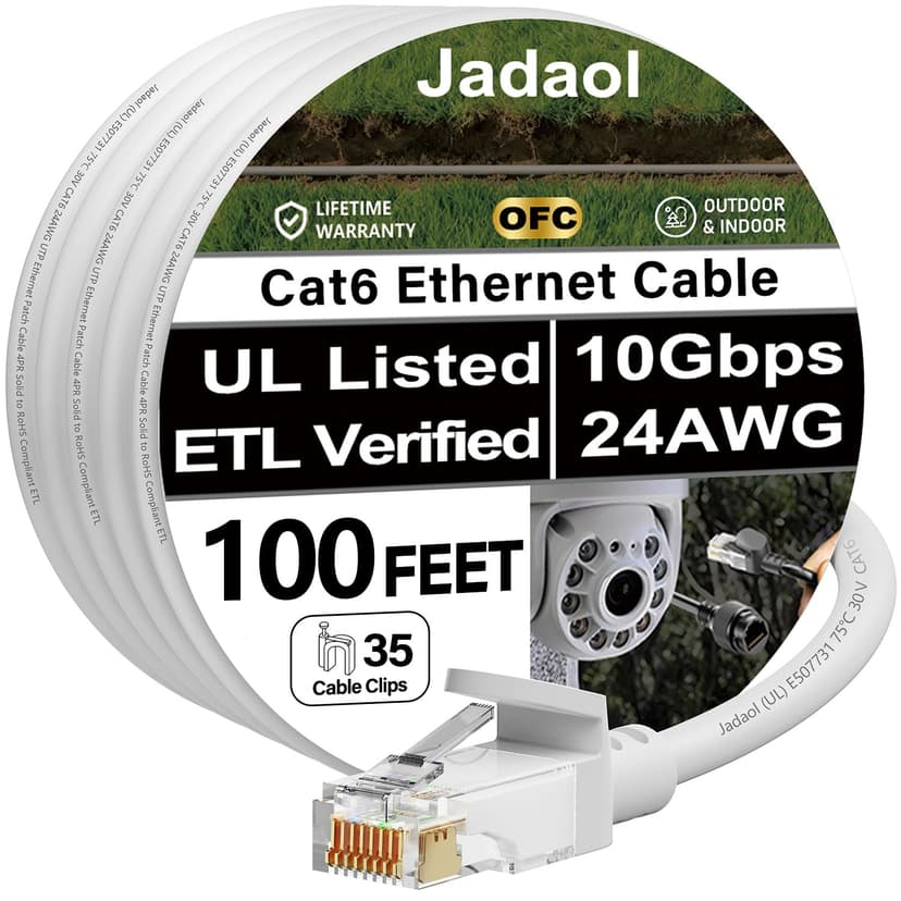 Jadaol [UL Listed] Cat6 Ethernet Cable 100ft with Clips 10Gbps PoE++, White | Outdoor&Indoor, 550MHz, 24AWG Pure Copper, Gold-Plated, Cat 6 RJ45 Network LAN Patch Cable for Router, Modem, Switch, Gami