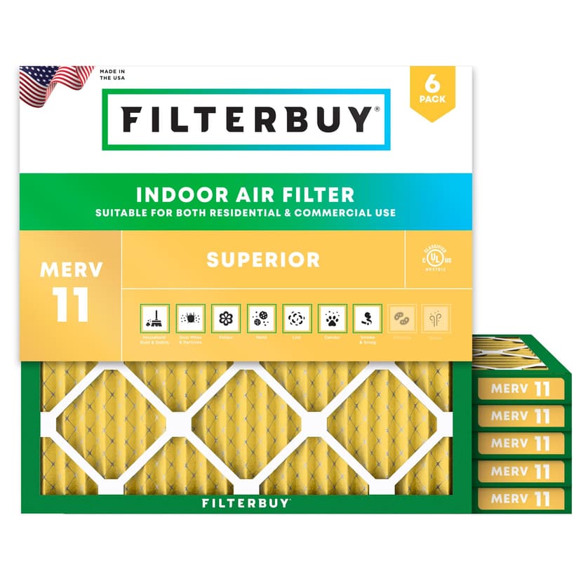 Filterbuy 23.5x23.5x1 Air Filter MERV 11 Superior Pet & Allergy Defense (6-Pack), Electrostatic Pleated HVAC AC Furnace Filters Replacement, Made in USA (Actual Size: 23.38 x 23.38 x 0.75)