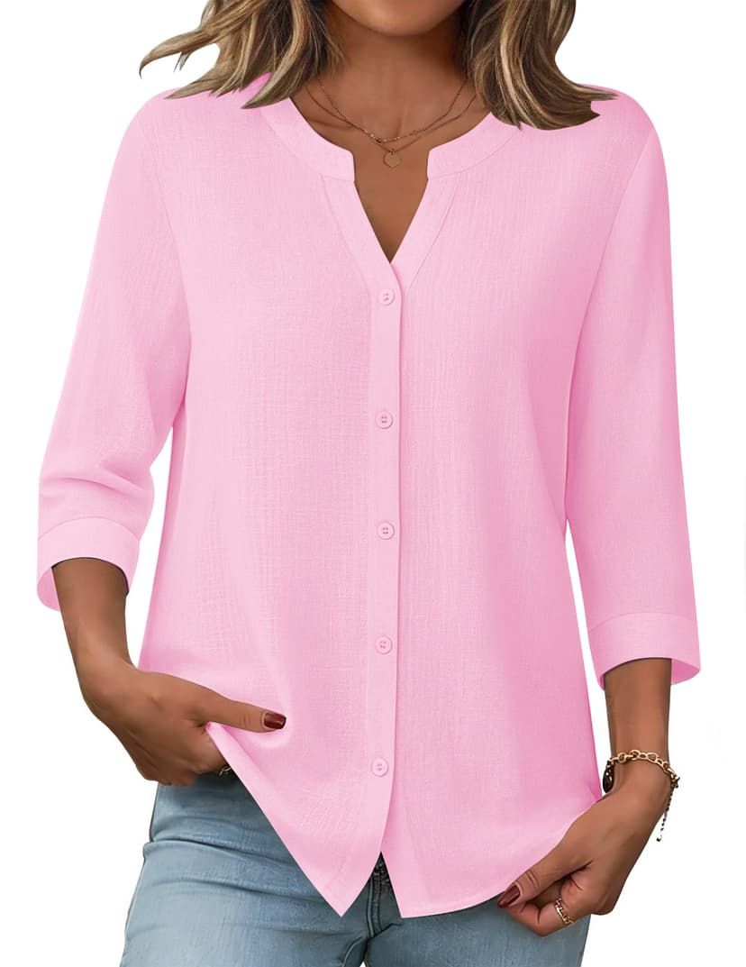 Zeagoo Button Down Shirts for Women 3/4 Sleeve Linen Cotton V Neck Tops Dressy Casual Loose Work Blouses