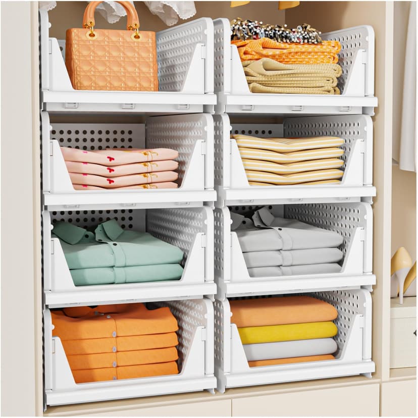 SNSLXH 5 Pack Stackable Closet Storage Basket, Multifunctional & Foldable Closet Organizer for Bathroom Kitchen Laundry Room Wardrobe Storage, Space-Saving Clothes Storage Drawer Organizer, White | 5