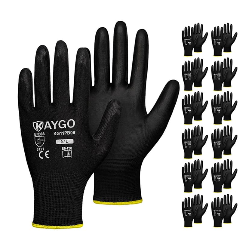 KAYGO Safety Work Gloves for Men Women, PU Coated Palm & Fingers, KG11P | Breathable & Lightweight, Smooth Grip, 13 Gauge Seamless Knit, for Light Duty, Warehouse, Manufacturing, Construction, Black